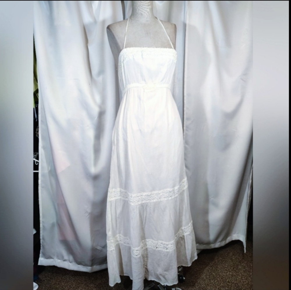 Ambercrombie & Fitch Maxi Sheath Halter Dress White Lace,Empire Waist,Stretch,XS